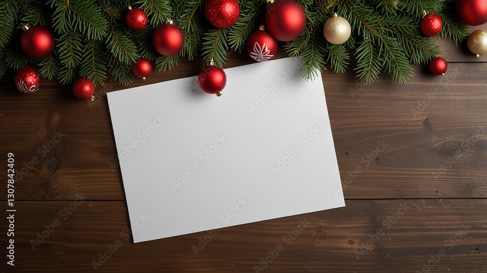 Obraz premium Greeting card christmas mockup with fir tree branches on dark wooden background