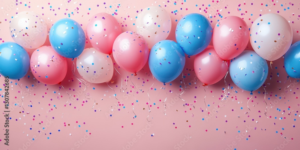 Decorative balloons in pink, blue, and white with confetti scattered on a pink background for a festive celebration Decorative balloons in pink, blue, and white with confetti scattered on a pink background for a festive celebration