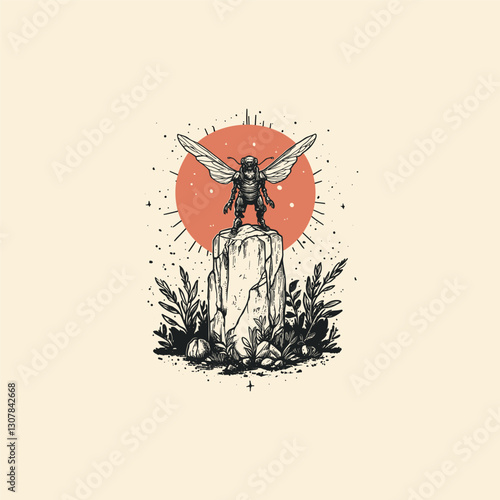 Mighty bee knight stands on a rock with a red moon in the background design vector template illustration