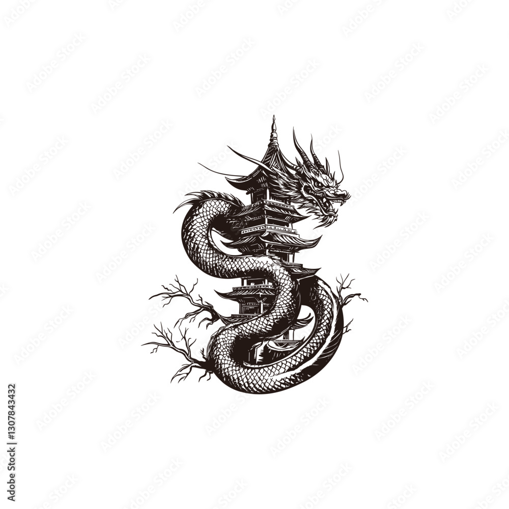 Fototapeta premium the great dragon coils around the pagoda design vector template illustration