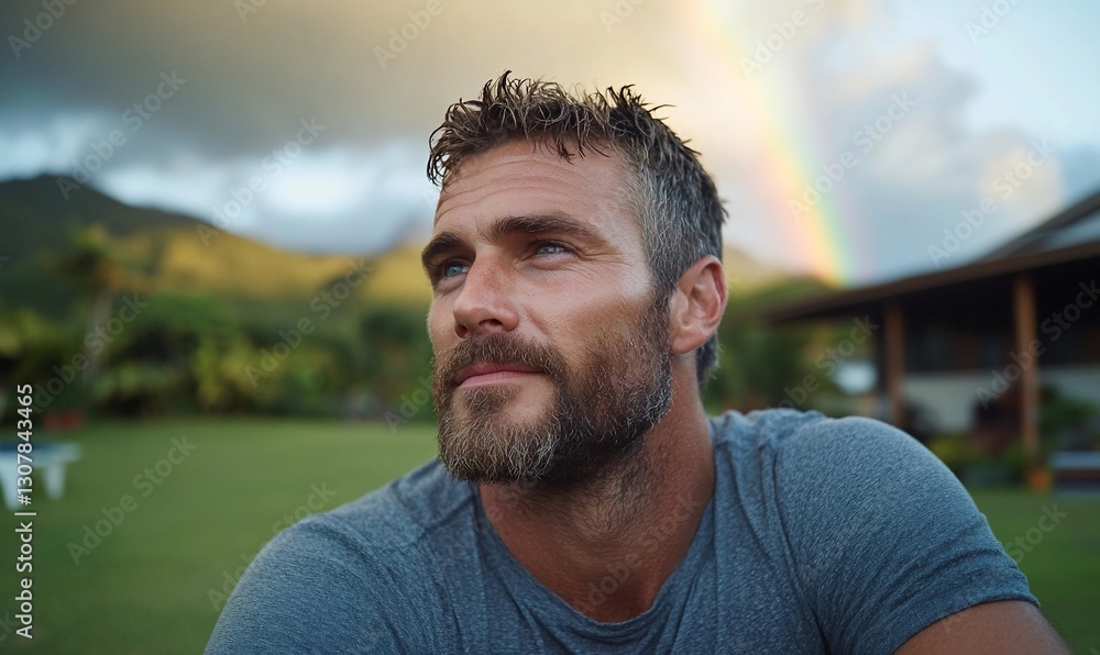 Man Contemplating Rainbow Over Tropical Garden Man Contemplating Rainbow Over Tropical Garden