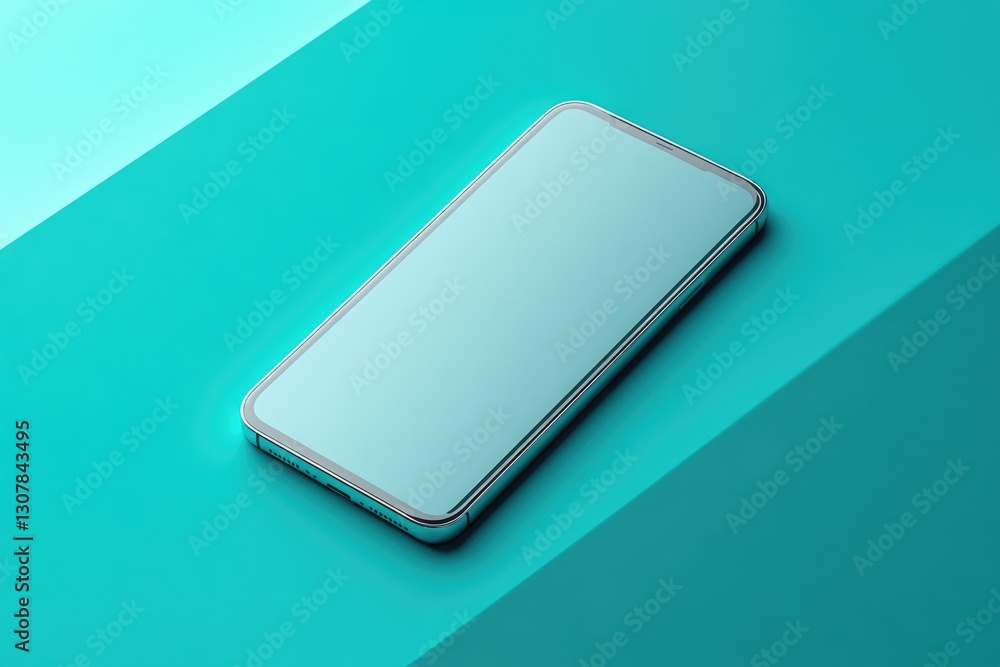 A teal smartphone rests on a vibrant teal surface, showcasing its sleek design and blank screen. A teal smartphone rests on a vibrant teal surface, showcasing its sleek design and blank screen.