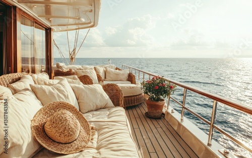 Luxury yacht deck with comfortable seating, pillows, hat, potted plant, and ocean view at sunset.