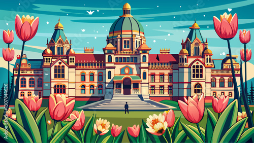 Historic British Columbia provincial parliament building with spring tulips, Victoria, BC, Canada