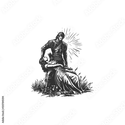 mighty warrior standing hugging his lover on the battlefield design vector template illustration