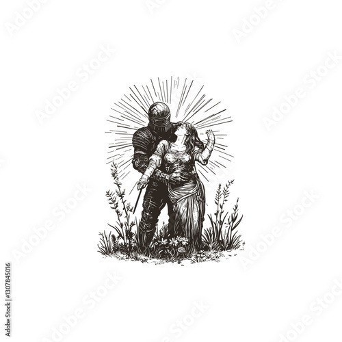 mighty warrior standing hugging his lover on the battlefield design vector template illustration