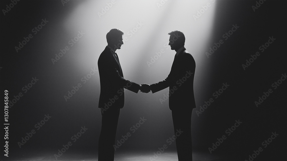 Friendly Insurance Representatives Shaking Hands in Professional Setting Under Spotlight Friendly Insurance Representatives Shaking Hands in Professional Setting Under Spotlight