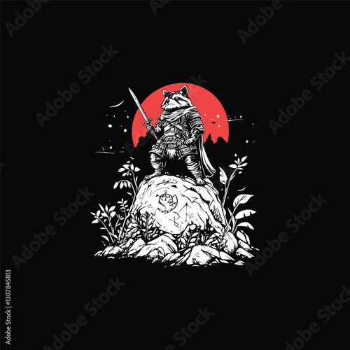 Mighty raccoon knight stands on a rock with a red moon in the background design vector template illustration