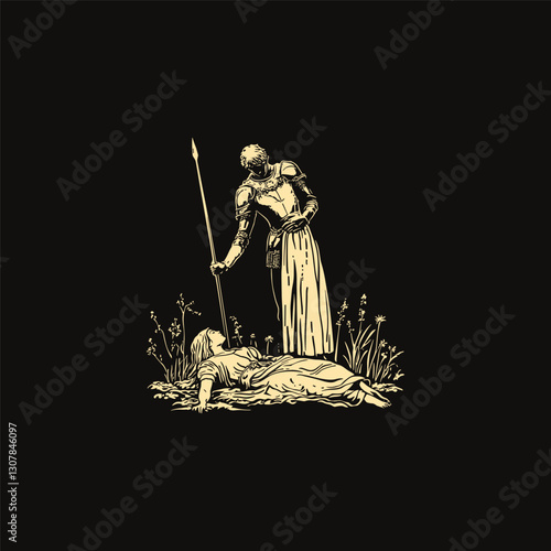 mighty warrior standing hugging his lover on the battlefield design vector template illustration