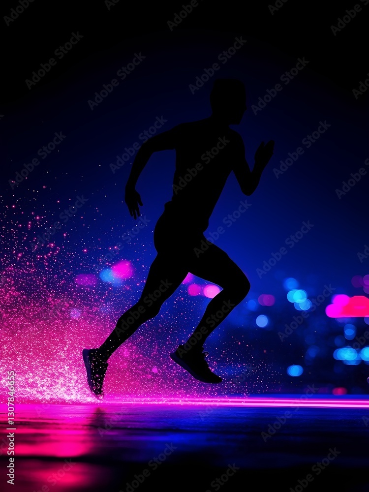 Naklejka premium A runner moves confidently through a lively urban environment illuminated by neon lights. The bright colors and dynamic background create an energetic atmosphere that enhances the motion.