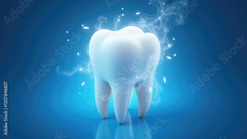Gleaming white tooth with magical swirling light against a blue background