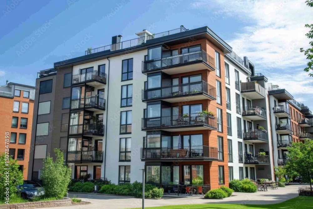 an apartment building with modern architecture, showcasing balconies and large windows against the blue sky Generative AI an apartment building with modern architecture, showcasing balconies and large windows against the blue sky Generative AI