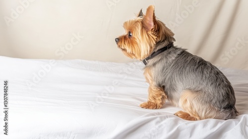 Fluffy Terrier Sitting on White Seamless Backdrop in Soft Lighting