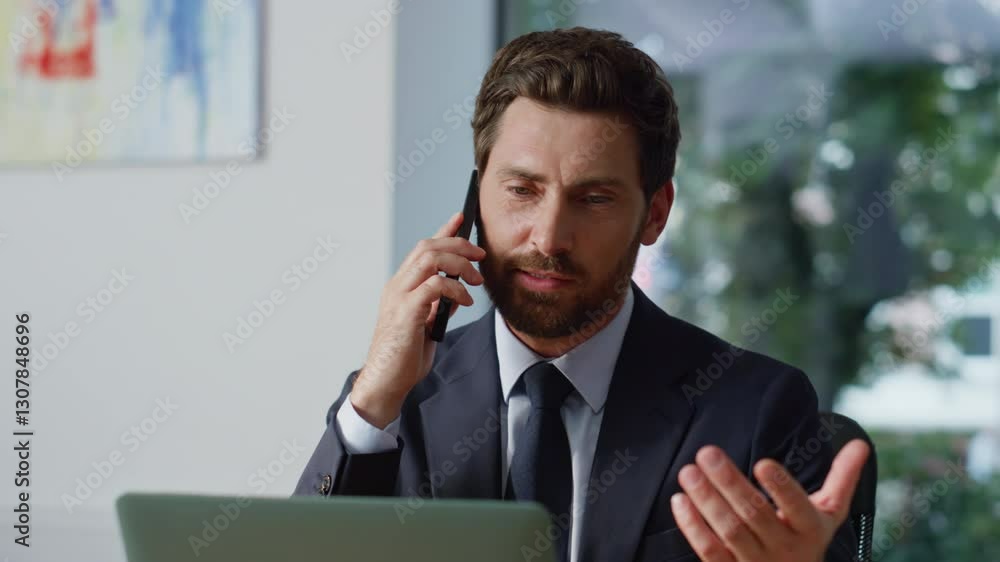 Confident boss calling mobile phone at office closeup. Man talking smartphone Confident boss calling mobile phone at office closeup. Man talking smartphone