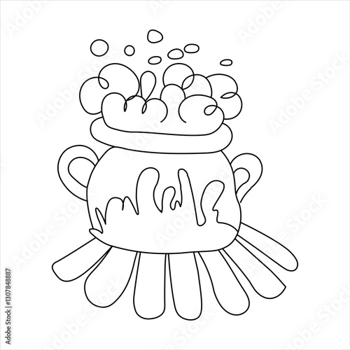 PrintDoodle illustration of a cauldron over a campfire with a brewing potion. A simple black-and-white outline drawing, hand-drawn on a white background.