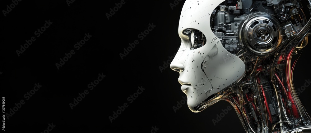 Futuristic humanoid robot head with visible internal mechanics on black background Concept of artificial intelligence, robotics, and advanced technology Futuristic humanoid robot head with visible internal mechanics on black background Concept of artificial intelligence, robotics, and advanced technology