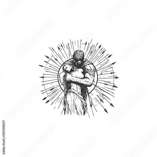 mighty warrior standing hugging his lover on the battlefield design vector template illustration