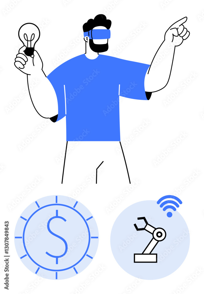 Man in VR headset holding lightbulb, pointing forward coin and robotic arm icons below. Ideal for technology, innovation, automation, virtual reality, creativity, fintech AI. Flat simple metaphor Man in VR headset holding lightbulb, pointing forward coin and robotic arm icons below. Ideal for technology, innovation, automation, virtual reality, creativity, fintech AI. Flat simple metaphor