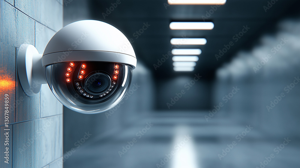 Obraz premium Dome-shaped Security Camera Monitors Corridor With Surveillance Technology in Modern Building