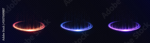 Light bright blue swirl glowing curved line with flickering light effect. Glow effect for game interface design on black background.