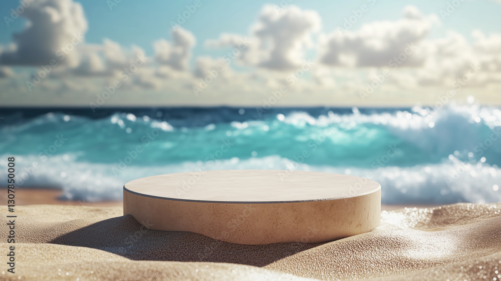 Round Podium with Sandy Texture, Set on a Tropical Beach with Turquoise Waves in the Background and Soft Golden Sunlight, Ideal for Summer, Travel, or Beach-Themed Product Displays copy space Round Podium with Sandy Texture, Set on a Tropical Beach with Turquoise Waves in the Background and Soft Golden Sunlight, Ideal for Summer, Travel, or Beach-Themed Product Displays copy space
