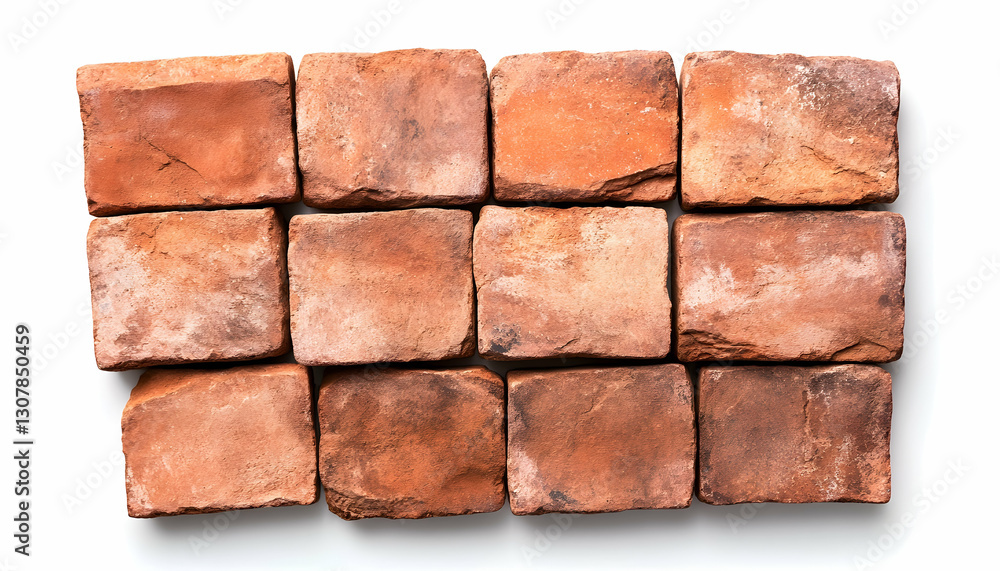 Obraz premium Rustic Red Bricks Arranged on White Background; Building Material Sample