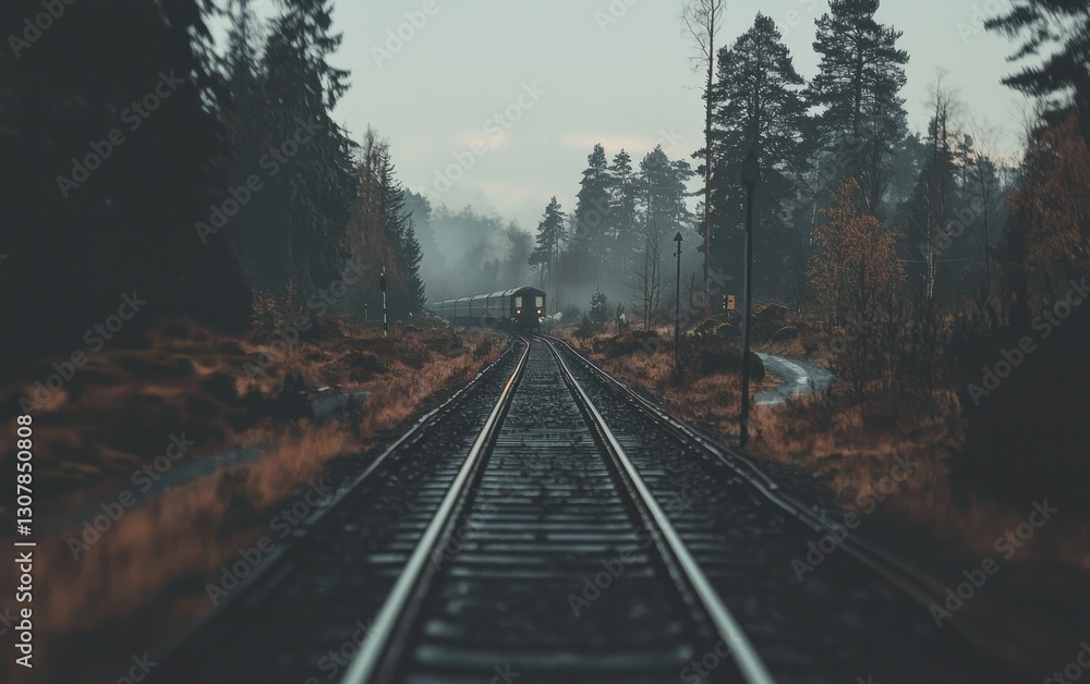 Fototapeta premium Train disappearing into foggy forest.