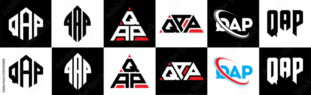 QAP letter logo design in six style. QAP polygon, circle, triangle, hexagon, flat and simple style with black and white color variation letter logo set in one artboard. QAP minimalist and classic logo QAP letter logo design in six style. QAP polygon, circle, triangle, hexagon, flat and simple style with black and white color variation letter logo set in one artboard. QAP minimalist and classic logo