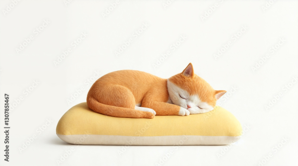 Fototapeta premium a cute, stylized orange and white cat sleeping on a yellow pillow against a plain white background.