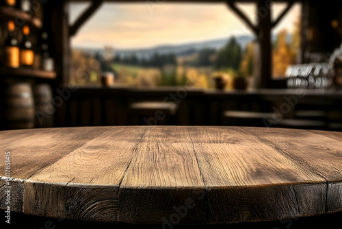 Rustic wooden table, autumnal bar backdrop; ideal for product display or menu design