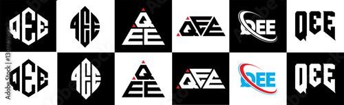 QEE letter logo design in six style. QEE polygon, circle, triangle, hexagon, flat and simple style with black and white color variation letter logo set in one artboard. QEE minimalist and classic logo