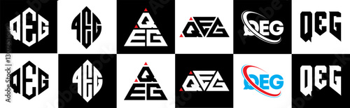 QEG letter logo design in six style. QEG polygon, circle, triangle, hexagon, flat and simple style with black and white color variation letter logo set in one artboard. QEG minimalist and classic logo