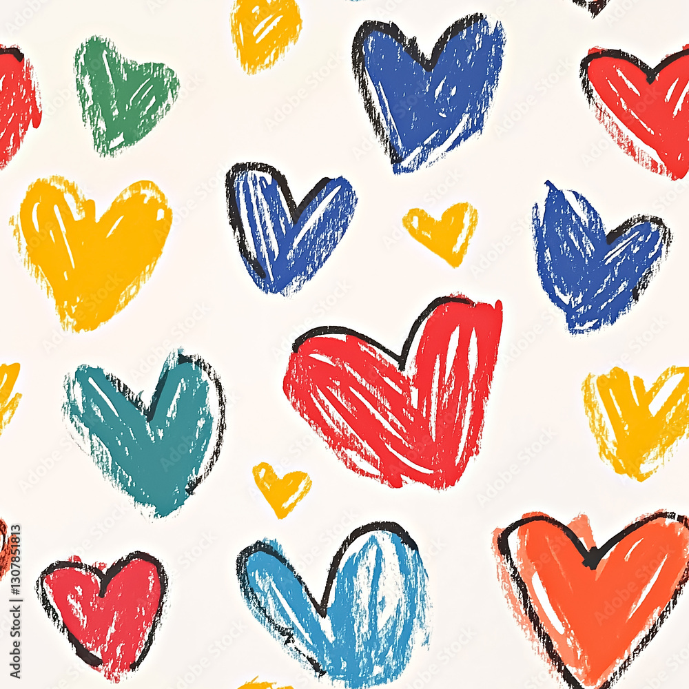 Seamless pattern with colorful hearts on white background in style of childrenÕs drawing. Love concept Seamless pattern with colorful hearts on white background in style of childrenÕs drawing. Love concept