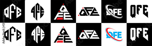 QFE letter logo design in six style. QFE polygon, circle, triangle, hexagon, flat and simple style with black and white color variation letter logo set in one artboard. QFE minimalist and classic logo