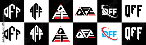 QFF letter logo design in six style. QFF polygon, circle, triangle, hexagon, flat and simple style with black and white color variation letter logo set in one artboard. QFF minimalist and classic logo