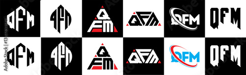 QFM letter logo design in six style. QFM polygon, circle, triangle, hexagon, flat and simple style with black and white color variation letter logo set in one artboard. QFM minimalist and classic logo