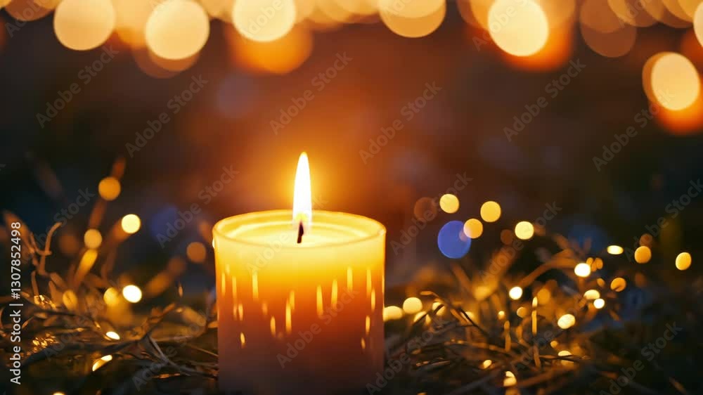 Candle glowing with warm light surrounded by festive bokeh lights, creating a cozy atmosphere Candle glowing with warm light surrounded by festive bokeh lights, creating a cozy atmosphere