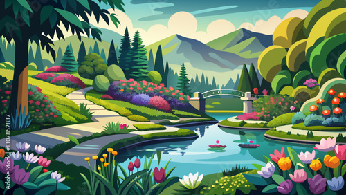 Butchart Gardens, Victoria, Canada. View over a pond in the sunken garden with vibrant spring flowers.