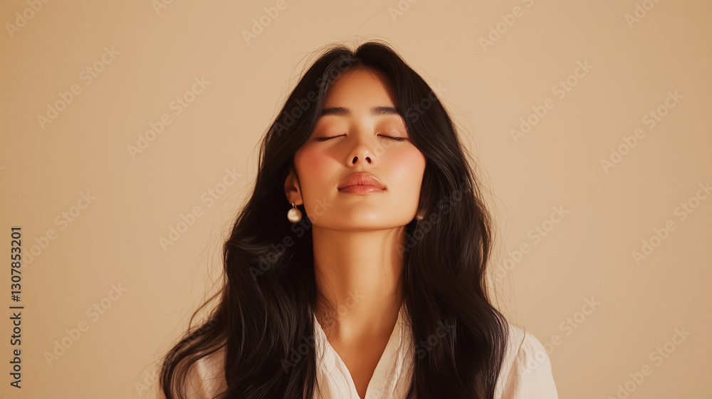 A portrait of a stunning Asian woman with long, flowing dark hair. She has a serene expression with her eyes closed, highlighting her striking orange eyeshadow. Her smooth skin glo A portrait of a stunning Asian woman with long, flowing dark hair. She has a serene expression with her eyes closed, highlighting her striking orange eyeshadow. Her smooth skin glo