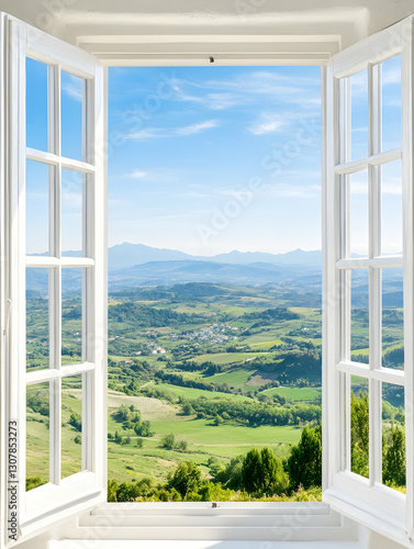 Serene Hillside Vista Open Window reveals idyllic rural landscape, perfect for home decor or travel brochures