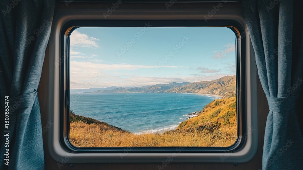 Naklejka premium Scenic view of new zealand's rugged coastline from a train window travel photography natural environment