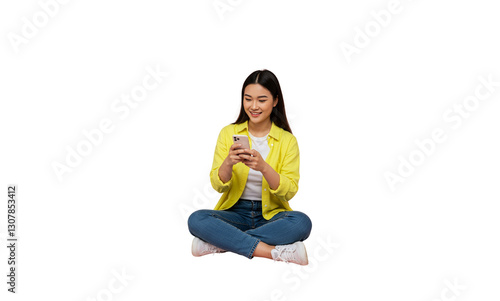 Asian Young Woman Sitting and Using Mobile Phone on Transparent Background