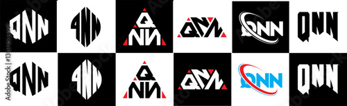 QNN letter logo design in six style. QNN polygon, circle, triangle, hexagon, flat and simple style with black and white color variation letter logo set in one artboard. QNN minimalist and classic logo