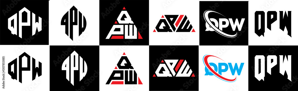 QPW letter logo design in six style. QPW polygon, circle, triangle, hexagon, flat and simple style with black and white color variation letter logo set in one artboard. QPW minimalist and classic logo QPW letter logo design in six style. QPW polygon, circle, triangle, hexagon, flat and simple style with black and white color variation letter logo set in one artboard. QPW minimalist and classic logo