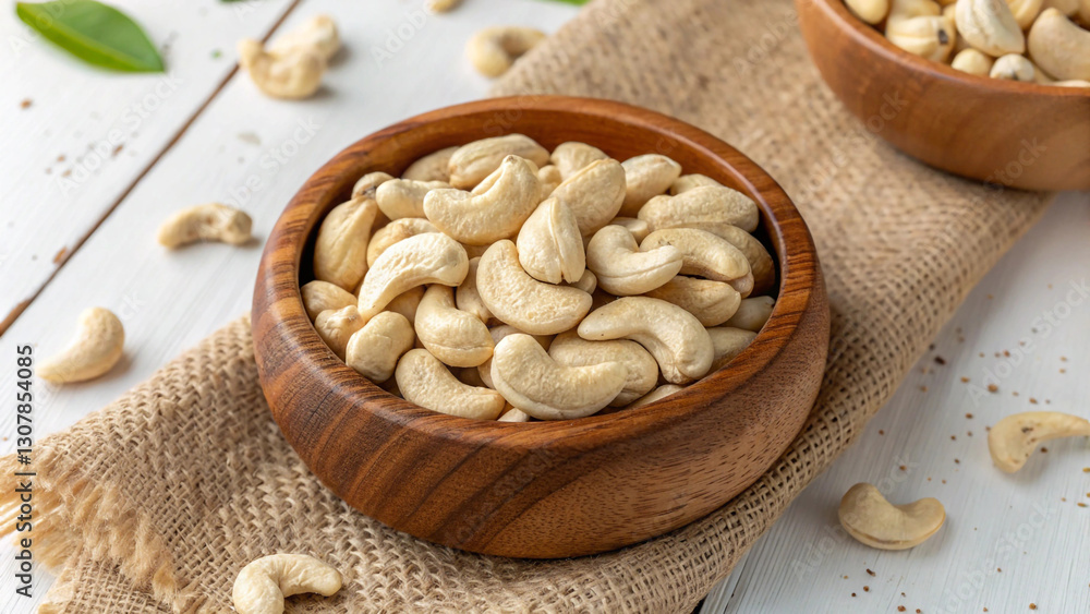 Wooden bowl of cashew nuts, rustic table setting natural light earthy tones close-up food photography Wooden bowl of cashew nuts, rustic table setting natural light earthy tones close-up food photography