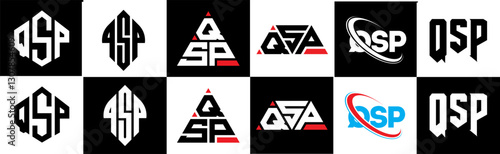 QSP letter logo design in six style. QSP polygon, circle, triangle, hexagon, flat and simple style with black and white color variation letter logo set in one artboard. QSP minimalist and classic logo