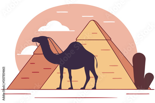 Camel in egypt, vector illustration, desert animal, egyptian landscape, sand dunes