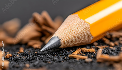 Sharpened pencil on wood shavings; close-up; dark background; ideal for stationery or art supplies marketing