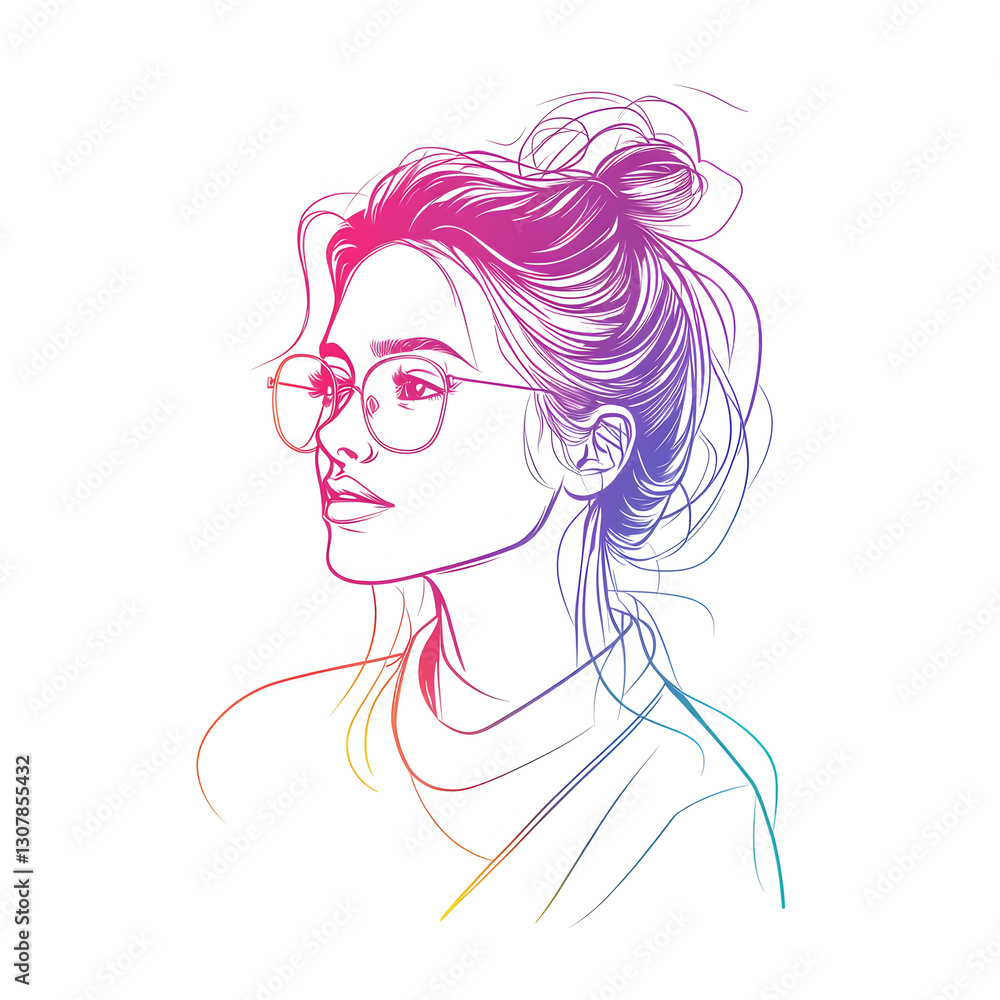Elegant Line Art Illustration of a Woman with Glasses and Messy Bun in a Modern Artistic Style