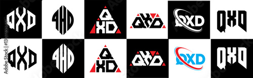 QXD letter logo design in six style. QXD polygon, circle, triangle, hexagon, flat and simple style with black and white color variation letter logo set in one artboard. QXD minimalist and classic logo